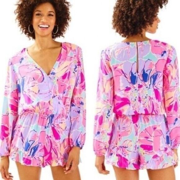 Lilly Pulitzer Fanning Romper XS Pink Purple Jam Out Print Ruffled Beach Resort - Picture 1 of 12